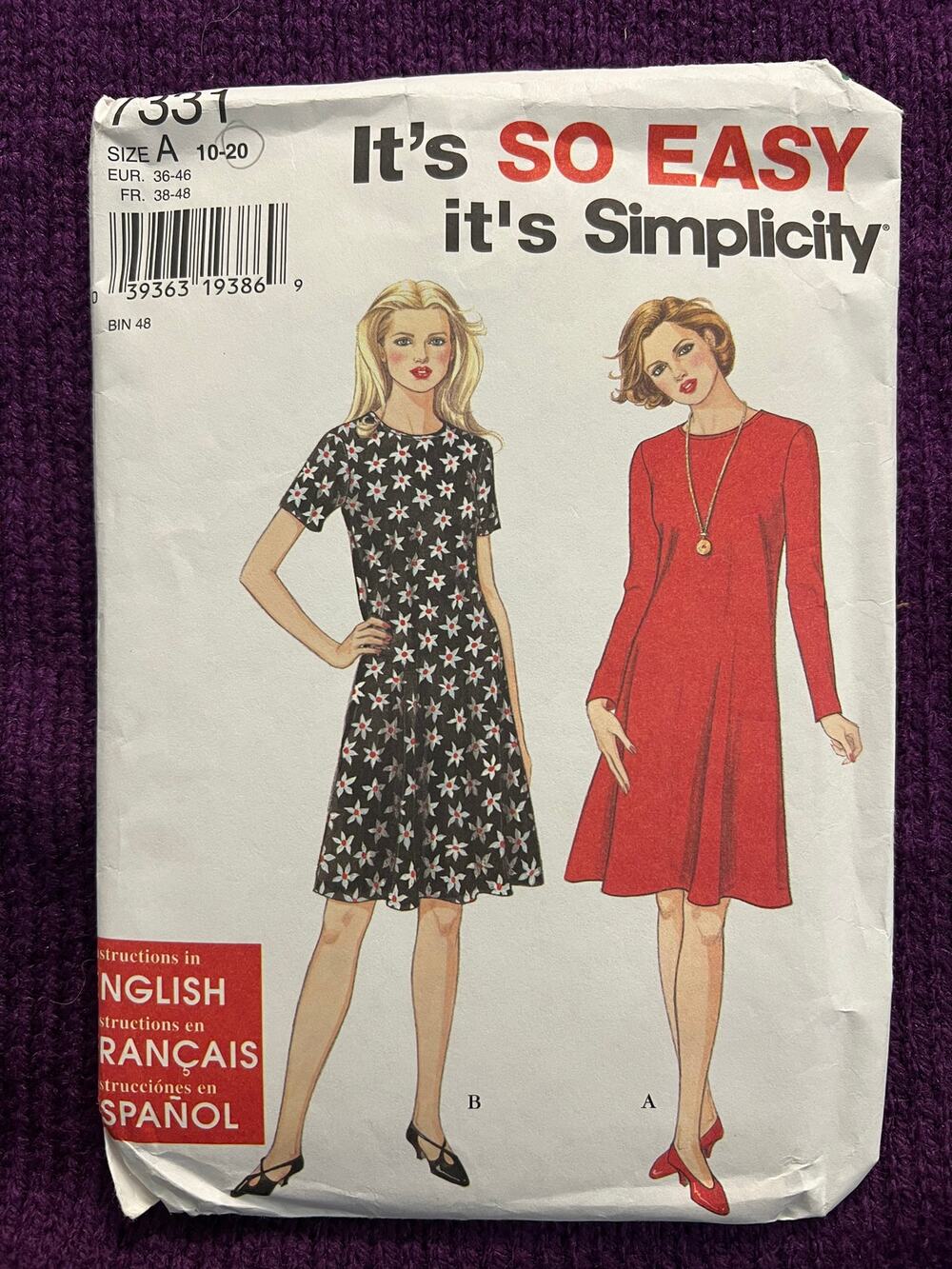 Simplicity 7331 Sewing pattern dress swing skirt 1990s size 10-20
